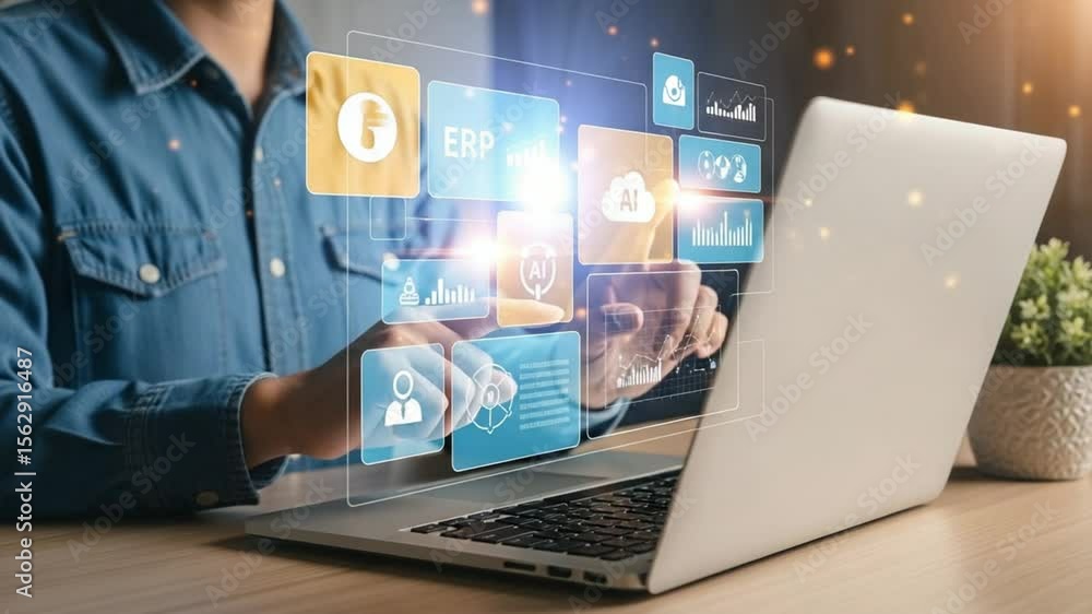 Poster businessman interacting with digital chart and graph overlay for data analysis and planning