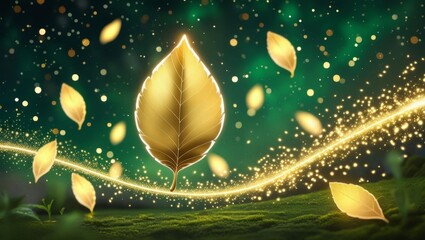 Fototapeta premium This enchanting image showcases a large golden leaf illuminated from within against a rich green background.