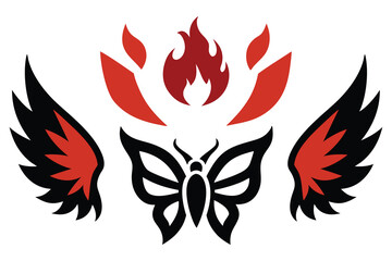 Naklejka premium set of style neo tribal tattoos, wings, fire flame silhouettes, grunge metal illustrations, butterflies vector design