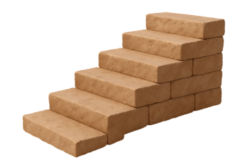 3D stone staircase made of brown textured bricks isolated on transparent background