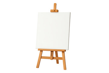Blank white canvas on wooden easel stand isolated on transparent background