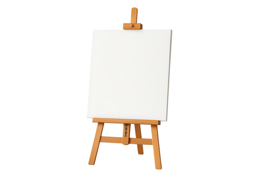 Blank white canvas on wooden easel stand isolated on transparent background
