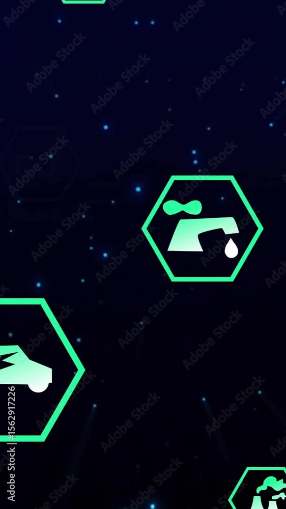 Poster hexagonal icons representing various technologies and metrics, futuristic animation