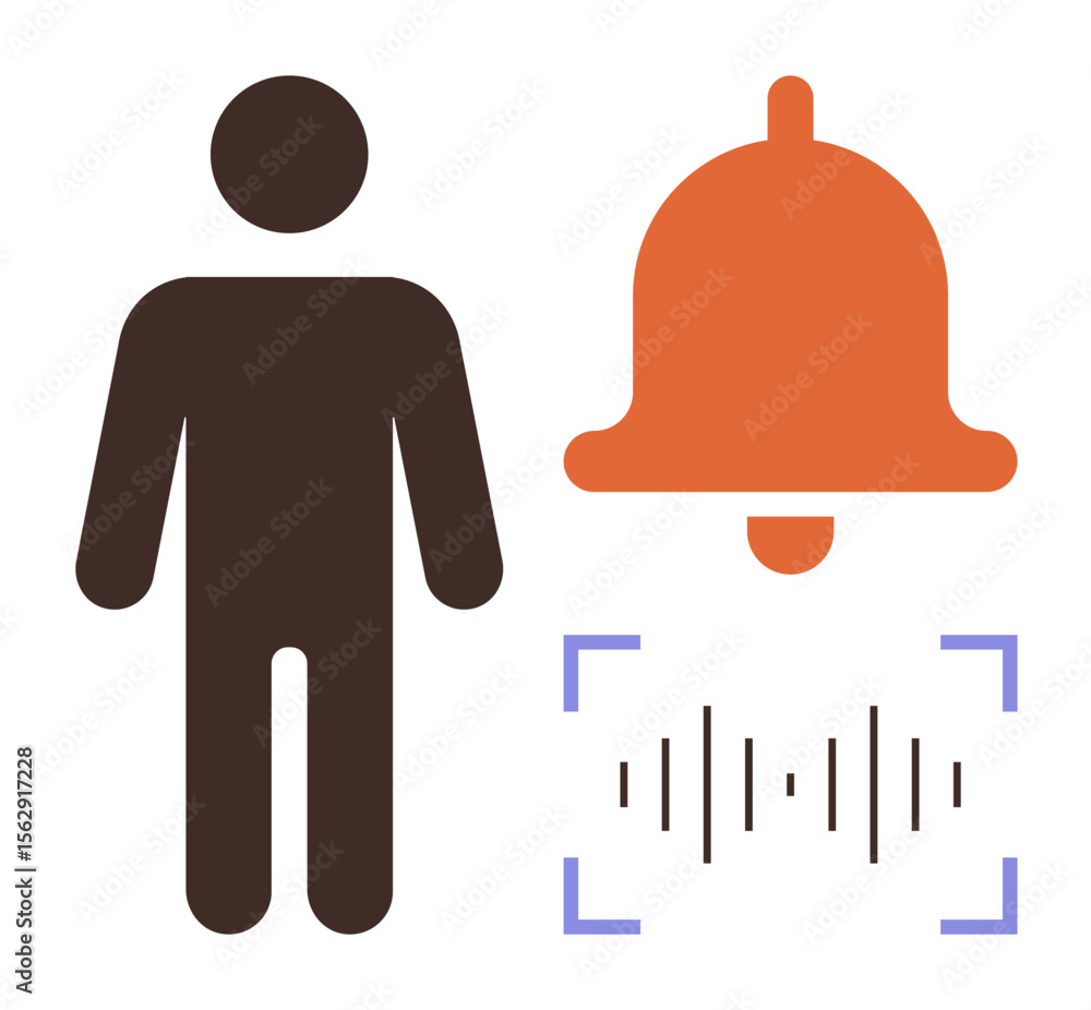 Aufkleber human figure next to an orange notification bell with sound waves and a detection frame. ideal for c