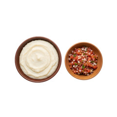 A Traditional South African Meal of Stiff Pap a Maize Porridge with a Tomato Onion Sheba on isolated transparent background