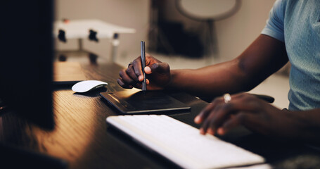 Photography, editor and hands with black man in studio for photoshoot, planning and retouching. Drawing pad, production process and creative with person on set for project, airbrush and media export