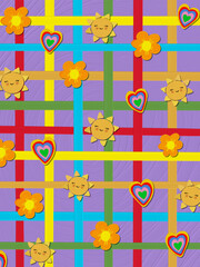 Multi-color grid background and cute little icons.