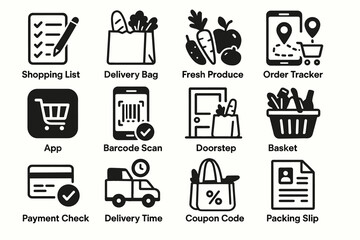 Grocery shopping and delivery icons: checklist, produce, barcode, delivery, coupon