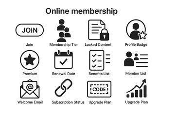 Icons for online membership features: join, profile, subscription, and more