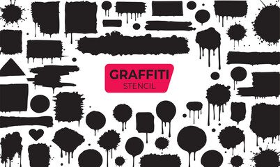 Obraz premium Graffiti Stencil Vector Set: Grunge Black Ink Splatters, Drips, Brush Strokes, Circles, Squares, and Abstract Shapes for Urban Art Design