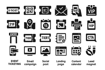 Black and white event and marketing icons including tickets, email, and vip symbols
