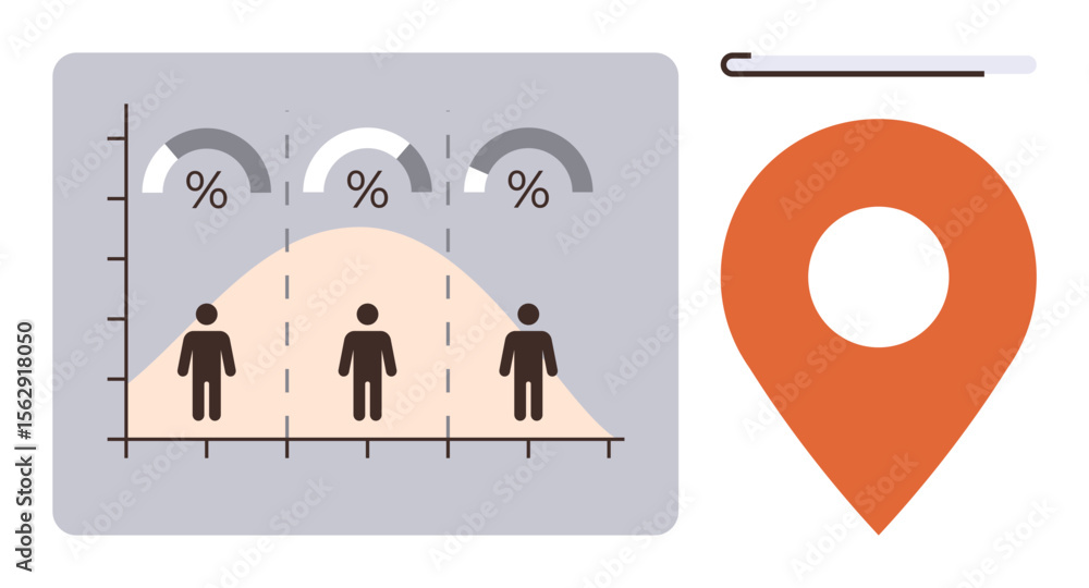 Poster bar chart with percentages and human figures analyzing demographic data, large geolocation marker. i
