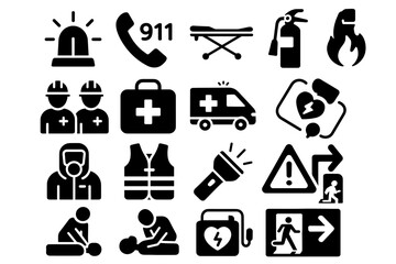 Emergency response icons: safety, medical, fire, and rescue symbols collection