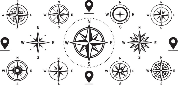 Compass Rose Vector Icons: Navigation, Cartography, and Directional Symbols in Black and White for Map Design and Travel Graphics