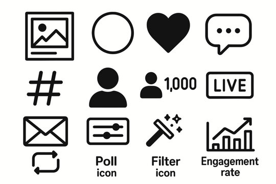 Social media icons set: user, hashtag, heart, message, live, engagement, filter, poll