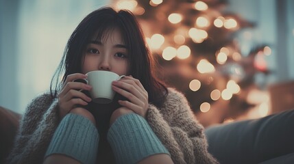 Young woman relaxing with coffee by Christmas tree.
