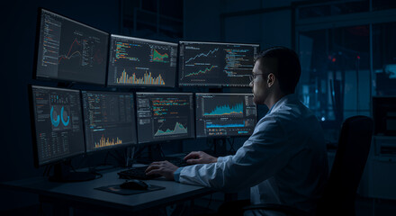 Data analyst working on multiple computer screens displaying financial graphs and stock market data in a high-tech control room or trading environment