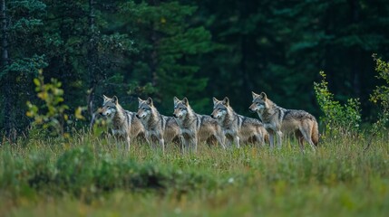 Five grey wolves standing in a row in a lush green meadow, with a dark forest in the background.