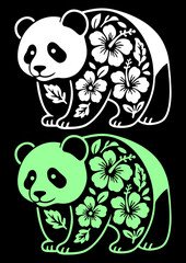 Cartoon panda design with floral decorations on its body. Vector black white line art