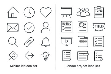 Minimalist and school project icon sets: house, clock, heart, clipboard, rubric, assignment