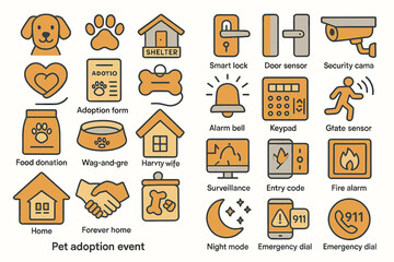Pet adoption event icons set: shelter, forms, security, smart tech, emergency