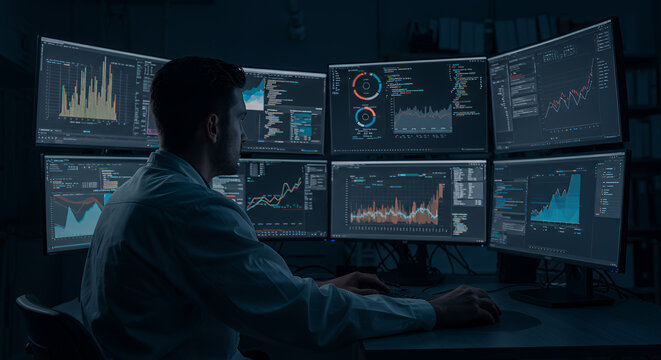 Data analyst working with multiple computer monitors displaying financial charts stock market data and advanced analytics in a dark office environment at night