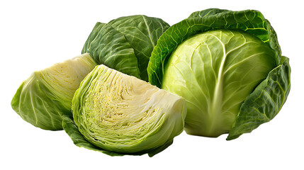 Fototapeta premium Fresh green cabbage heads and slices showing crisp layers isolated on transparent background