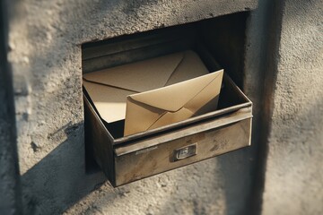 Mail delivery with envelope inserted into a postbox during daylight hours in an urban setting