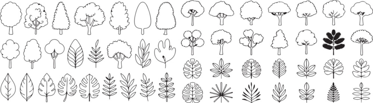 Tree and Leaf Icon Set: Minimalist Outline Vector Illustration of Nature, Forest, and Plant Elements for Graphic Design and Decoration