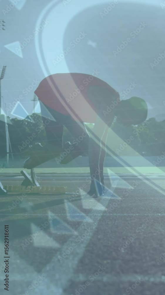 Poster runner preparing for sprint start over futuristic data processing animation