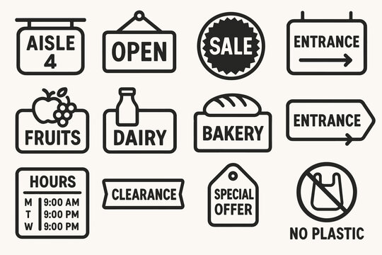 Set of retail store signage icons: aisle, open, sale, fruits, dairy, bakery, clearance, no plastic