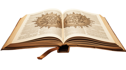 An open antique book displays aged pages and intricate illustrations Isolated on transparent Background