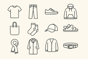 Minimalist line icons of clothing and accessories: t-shirt, jeans, shoes, hoodie, bag, socks, cap, sandals, scarf, coat, cardigan, belt