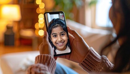 Woman video calling a smiling girl using smartphone at home, digital communication and family connection concept