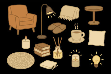 Cozy home vibes: armchair, lamp, and warm decor elements illustrated