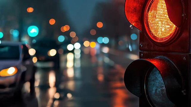 Urban Halt: A vivid street scene captured during twilight, with a prominent red traffic signal illuminating the wet asphalt, as vehicles navigate the city's ambiance.