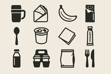 Food and drink icons: bottle, wrap, banana, snack bar, spoon, yogurt, napkin, container, fork, knife