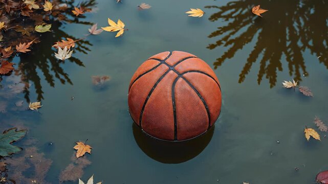 Basketball's Serene Reflection: A lone basketball floats gracefully upon a tranquil pond, its surface mirroring the overhead foliage in a captivating display of calm serenity.