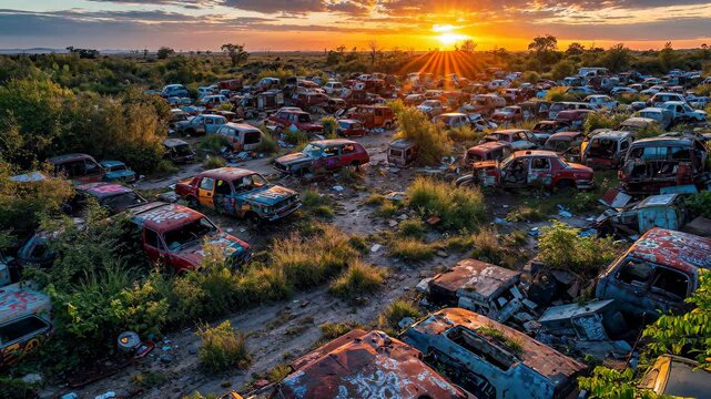 Abandoned Vehicles at Sunset: An expansive field, a graveyard of discarded cars and trucks, bathed in the warm light of a setting sun.