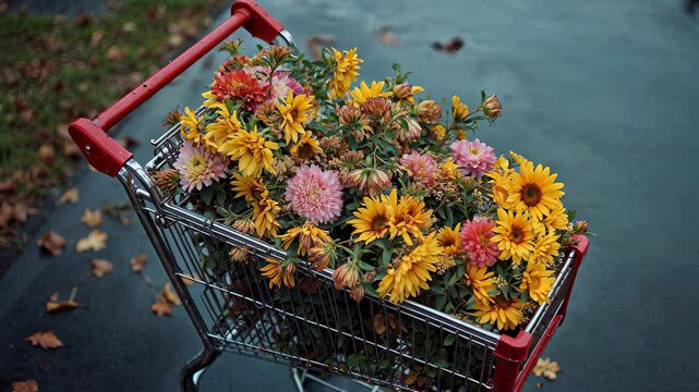 Shopping cart bursting with blossoms: A shopping cart overflowing with an array of colorful, vibrant blooms, showcasing a unique blend of urban and natural elements.