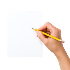 Hand holding yellow pencil writing on white paper isolated on transparent background