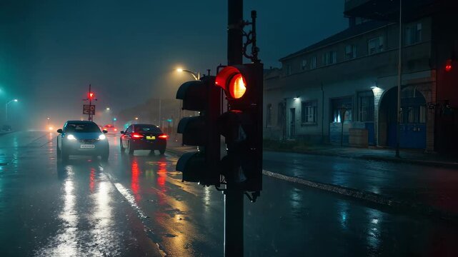 Rainy Night Traffic: City street at night in the rain with red traffic light. Vehicles driving on wet road in a nighttime urban setting.