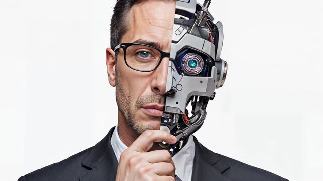 Humanity Merged with Technology: A striking visual of a man with half of his face seamlessly blending with a robotic counterpart, symbolizing the fusion of humanity and advanced technology.