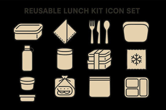 Reusable lunch kit icon set: containers, utensils, bottle, napkin, bento