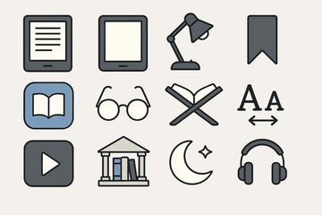Digital reading icons: e-reader, lamp, bookmark, play button, moon, headset