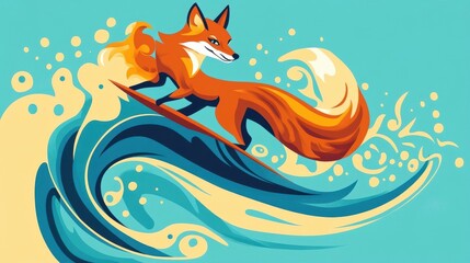Obraz premium A vibrant fox rides a surfboard on a large wave.