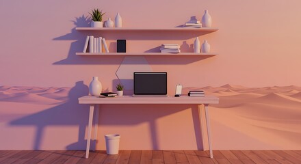 Minimalist Workspace with Open Laptop, Desert Backdrop, Soft Pink Lighting