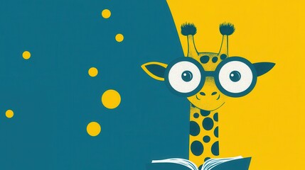 Cute giraffe wearing glasses reading a book.
