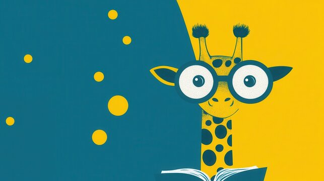 Cute giraffe wearing glasses reading a book.