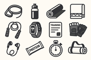 Fitness essentials: gym equipment icons for workout enthusiasts